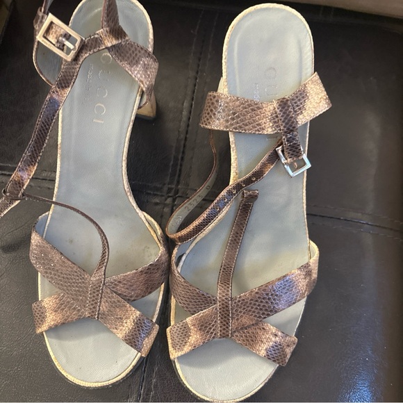 Gucci Shoes - Gucci Sandals high heels wood Python snake skin sandal size 6.5